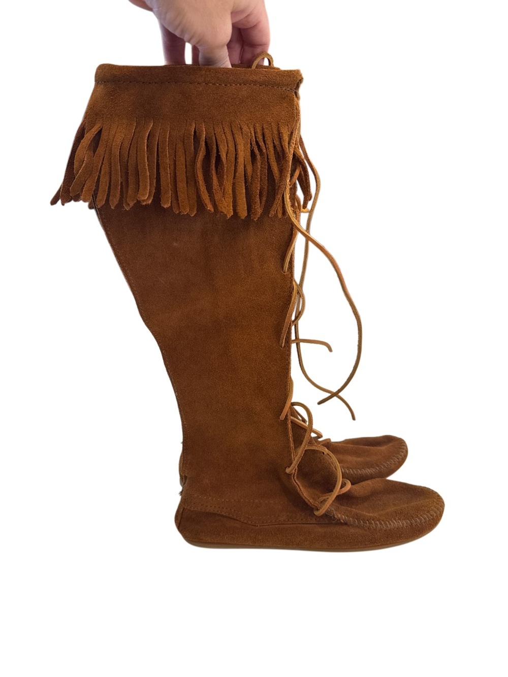 New!! Minnetonka Fringe Lace-Up Suede Knee-High Boot - Brown, size 8
